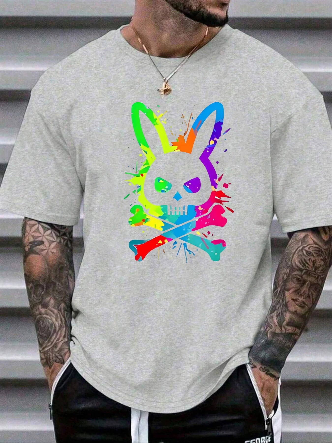 Men's summer 100% pure cotton fashionable casual loose color skull and rabbit print sports round neck short sleeved T-shirt top