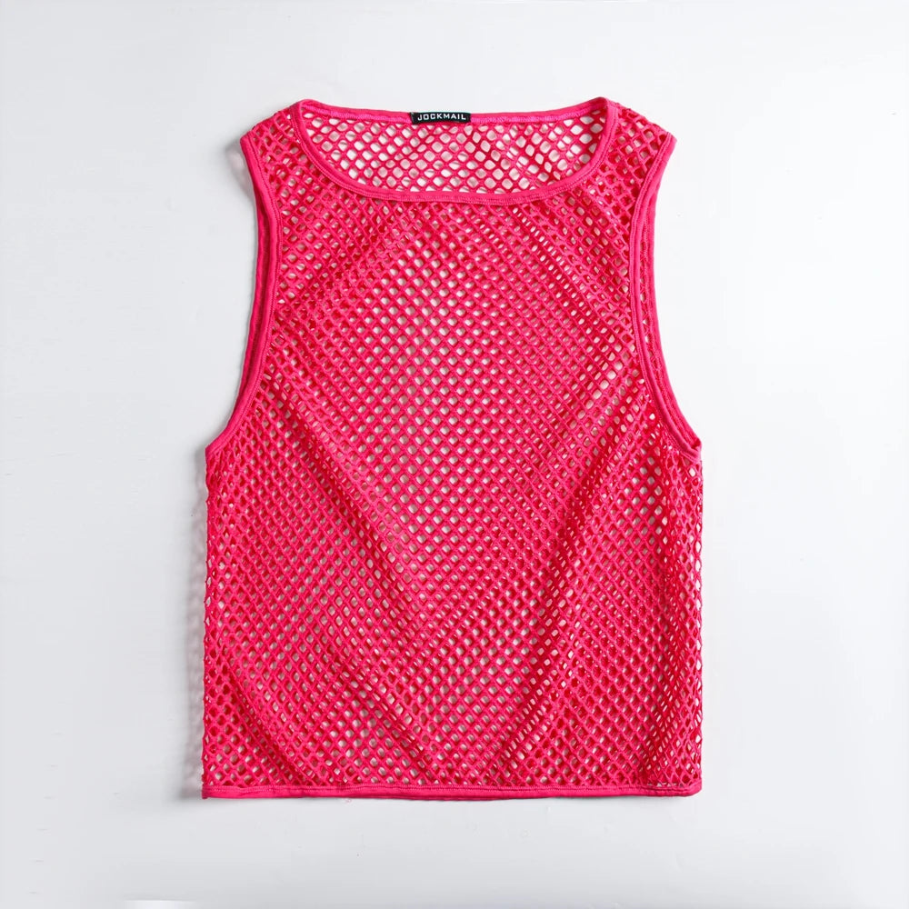 JOCKMAIL Men Tank Tops Mesh Hollow Out O-neck Sleeveless Male Vests Streetwear Summer Sexy See Through Fashion Men Clothing