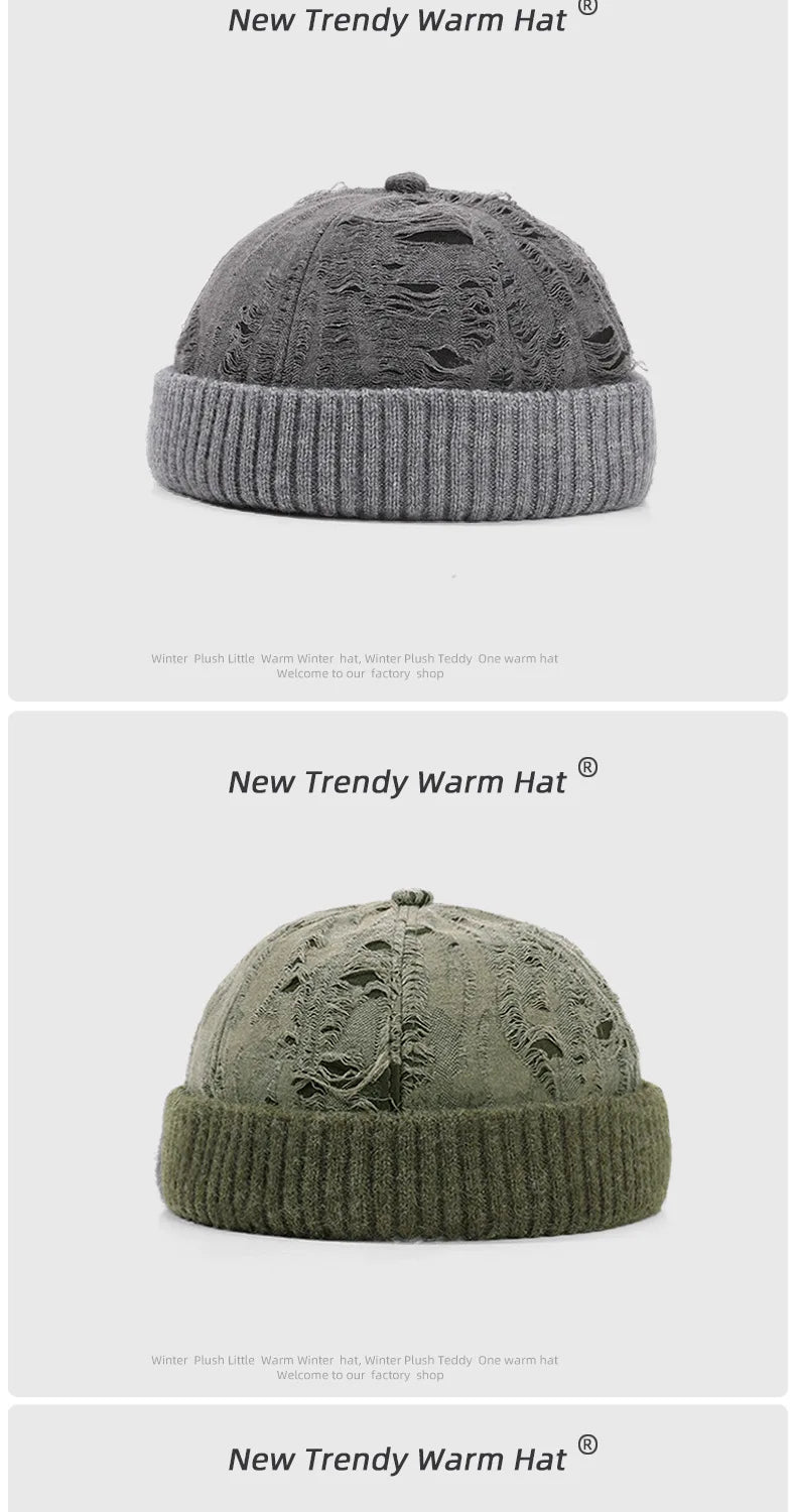 Men's Beanie Cap Knit Hat Boy Skullcap Sailor Cap Cuffs Solid Color Unisex Autumn Warm Cap Korean Version Small Face Cold Hat