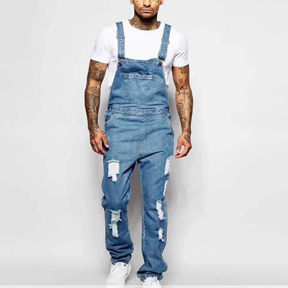 Men Jeans Denim Holes Pencil Pants Washing Overalls One Piece Jumpsuits Slim High Street Solid Casual Pockets Distressed rompers