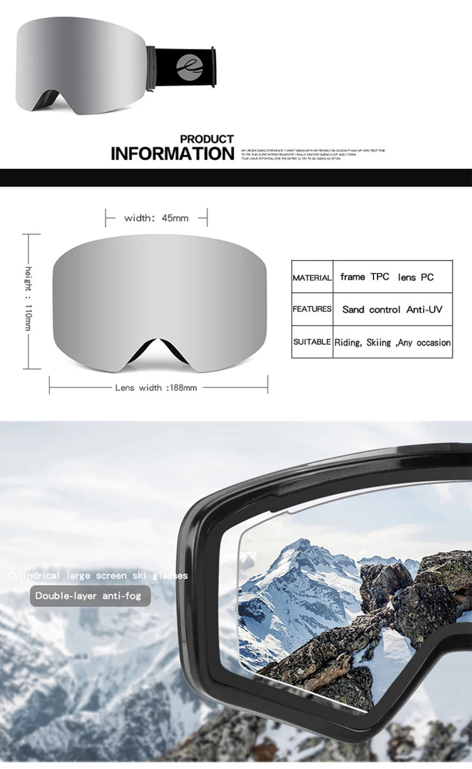 LOCLE Ski Goggles Snowboard Anti-fog Anti-ultraviolet Mask Men Women Skiing Eyewear UV400 Snow Protection Glasses Double Layers