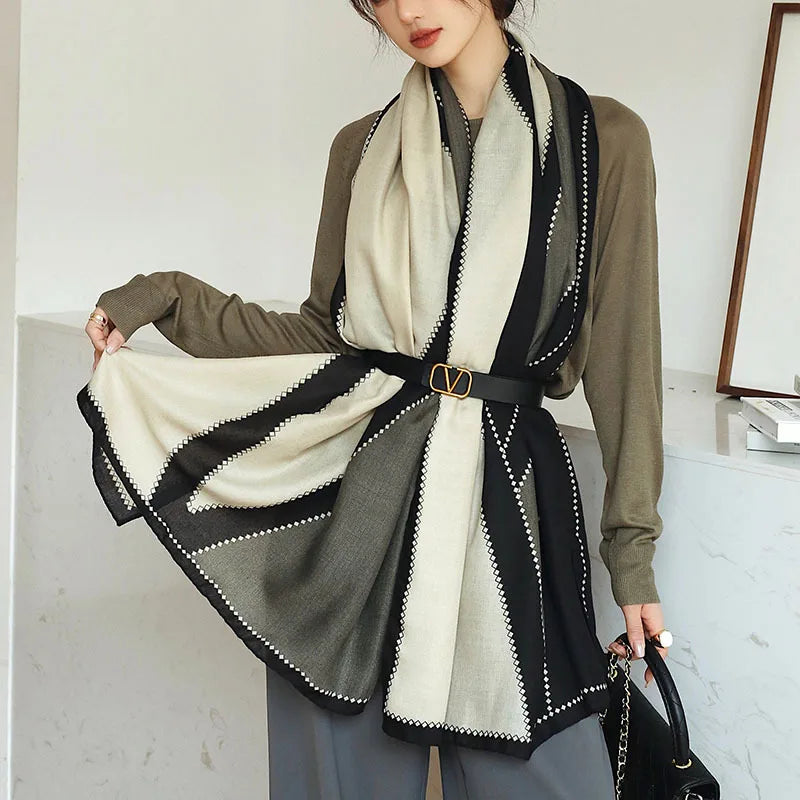 Plain Stripe Cotton Scarf for Women Winter Warm Tassel Linen Pashmina Scarves Hijab Lady Foulard Shawls Wraps Female Bandana New