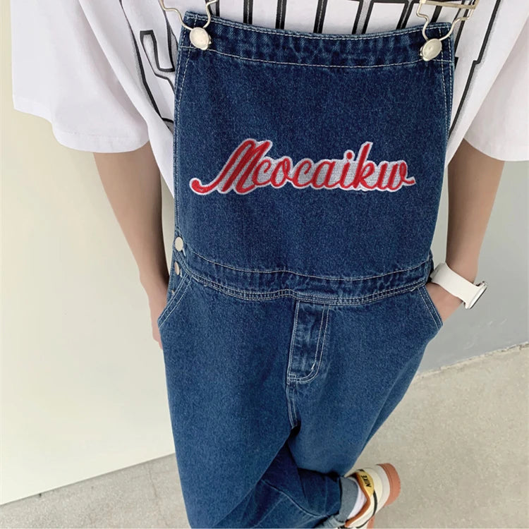 American retro denim overalls men's design sense niche Japanese casual loose couple straight work overalls vintage jeans men