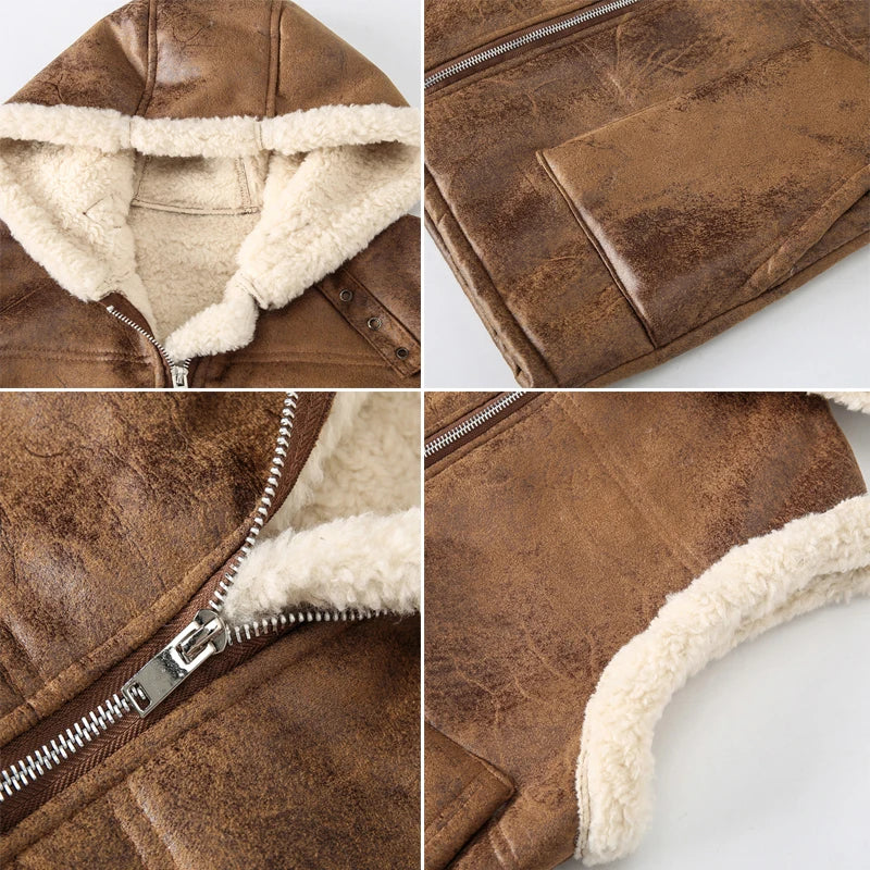 Winter Men's Fleece Warm PU Leather Vests Classical Men Faux Fur Motorcycle Leather Vests Men Windbreaker Hooded Vests Clothing