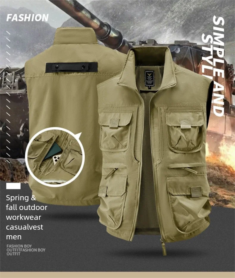 2026 Men's Outdoor Tooling Multi-Pocket Casual Outdoor Fishing Large Size Vest with Vertical Collar Breathable Quick-drying Vest