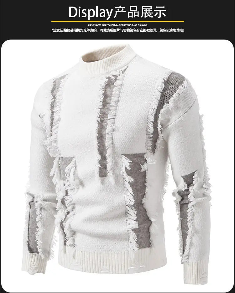 Fashion 2025 Autumn and Winter New Men's Sweater Color-blocked Ripped Round Neck Long Sleeve Base Shirt Knitted Sweater