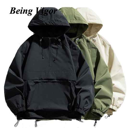 Being Vigor Hooded Half Zipper Anorak Jacket Men Spring Casual Windbreaker Men's Autumn Jacket Top Outerwear