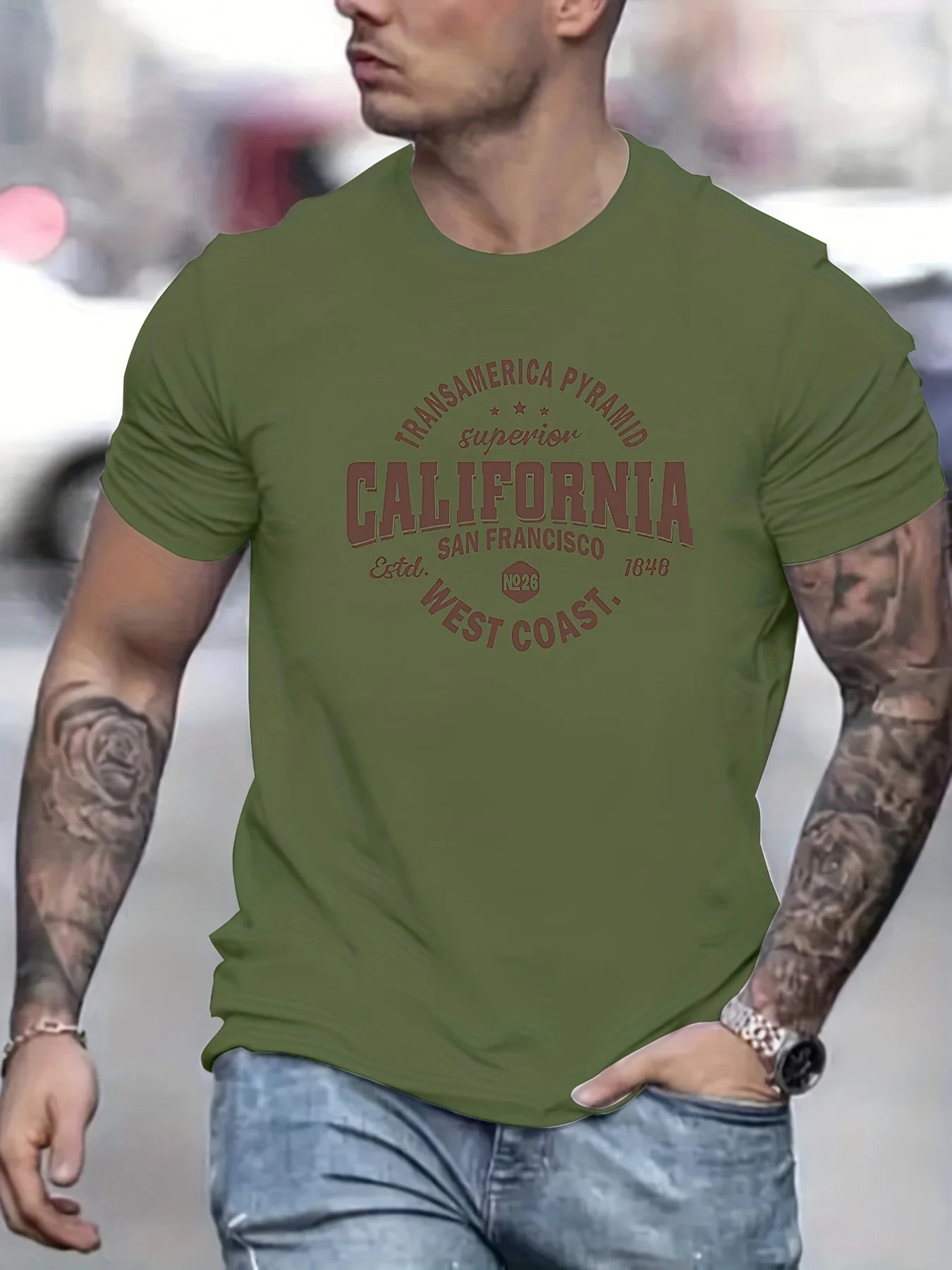 Men's 100% cotton casual sports loose fit California West Coast print round neck short sleeved T-shirt top