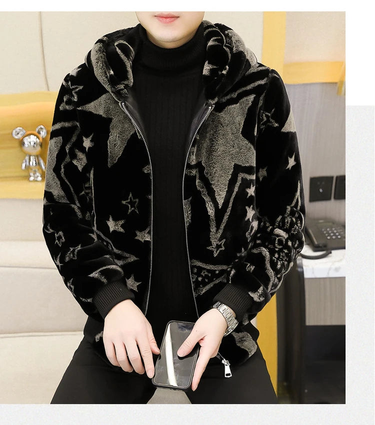 2022 Winter Faux Fur Mink Jackets Men Thicken Warm Imitation Fur Hooded Coat Slim Casual Business Social Jackets Men Clothing