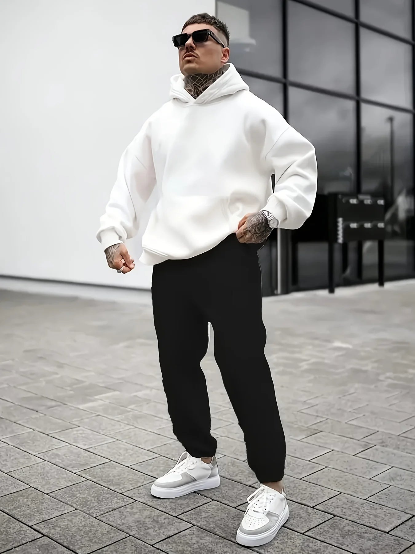 Men's fall/winter hoodie set! Thick fleece fabric, warm and breathable. Hood protects head from wind. Relaxed fit for mobility,