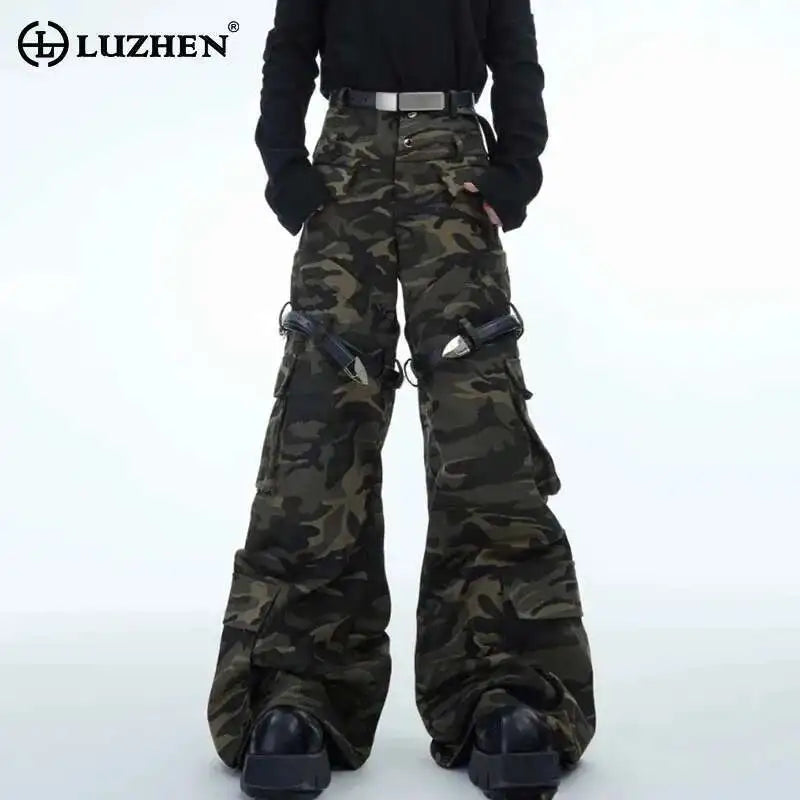 LUZHEN Belt Design Camouflage Work Pants Washed Vintage High Quality Cargo Trousers Trendy Streetwear Men's Straight LZ7881
