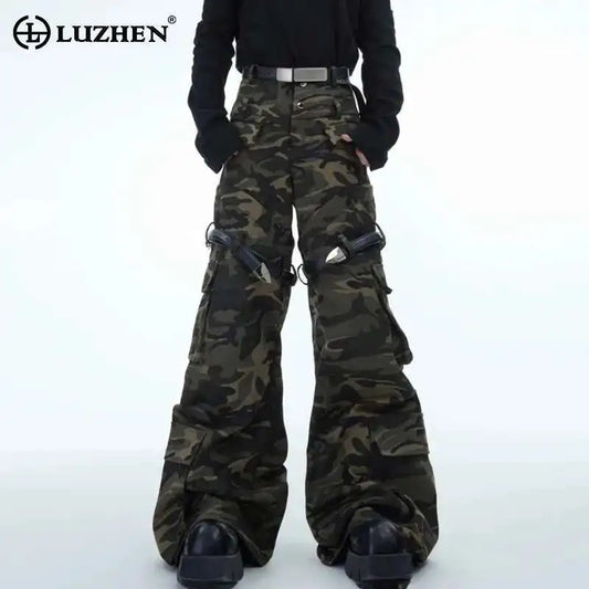 LUZHEN Belt Design Camouflage Work Pants Washed Vintage High Quality Cargo Trousers Trendy Streetwear Men's Straight LZ7881