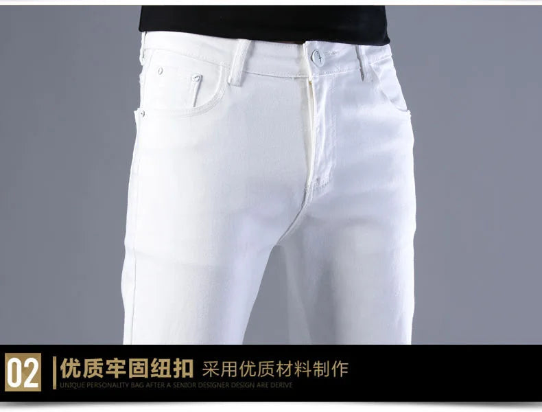 2024 Spring and Autumn New Fashion Trend White Elastic Denim Pants Men's Casual Slim Comfortable Breathable Small Legs 28-38