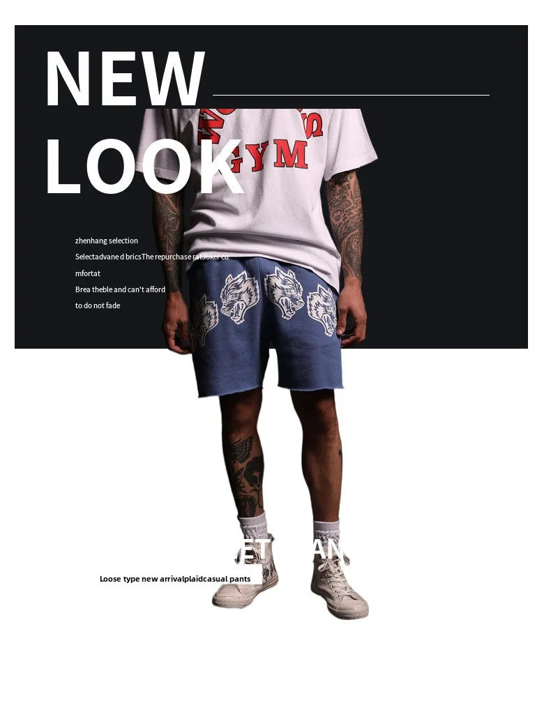 2025 New Men's Cartoon Loose Print Shorts Pure Cotton Summer Frayed Casual Sports Shorts Fitness Sports Five-point Shorts