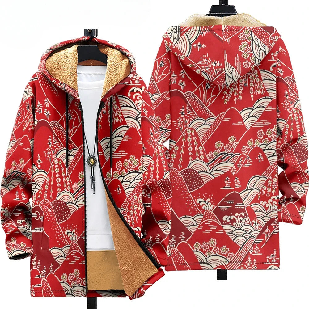 Men Cardigans Coats Wave Art Graphics Printed Japanese Style Plush Thick Winter Jackets Casual Streetwear for Unisex Clothing