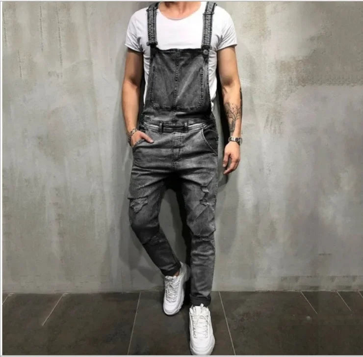 Men Jeans Jumpsuits Denim Overalls Distressed Pockets One Piece Pencil Pants Solid Washed Ankle Length Safari Style Spliced 2025