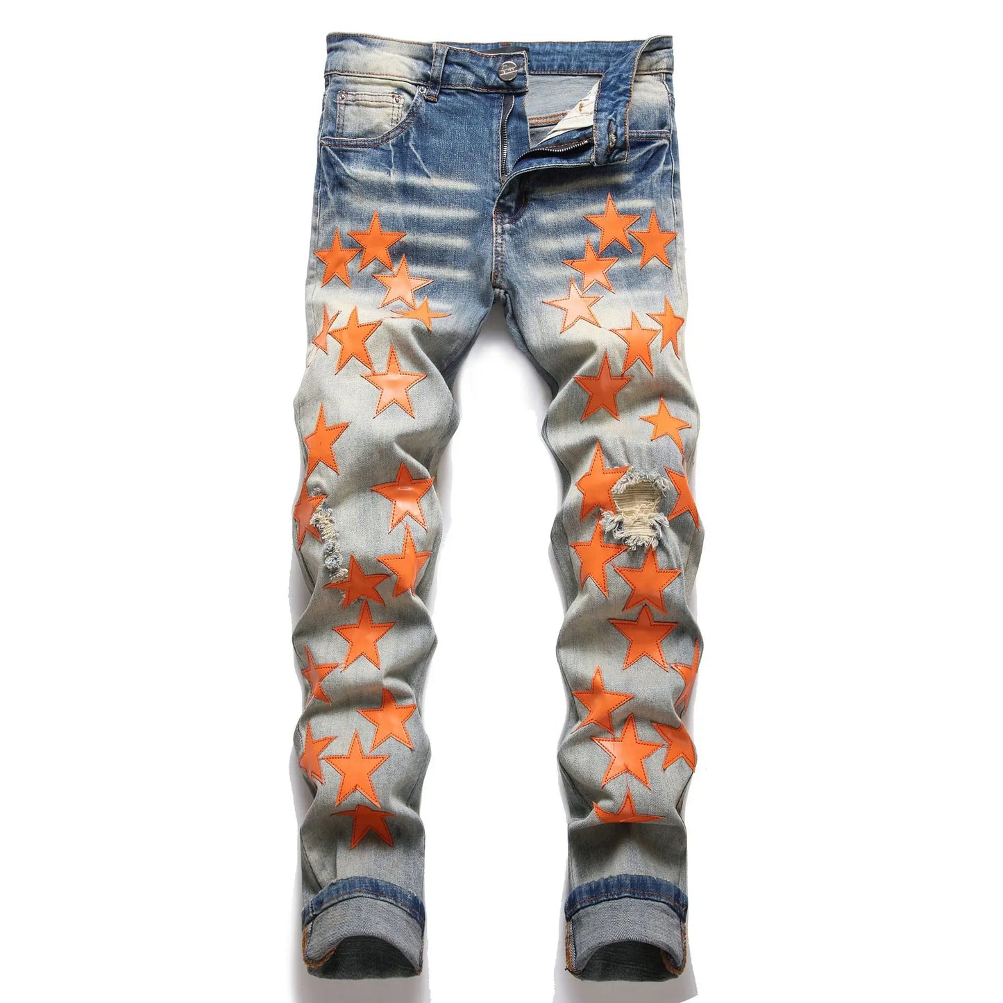 2023 Autumn New Fashion Men High Street Orange Star Embroidery Patch Jeans Men's Slim Fit Full Sky Star Denim Pants Jeans