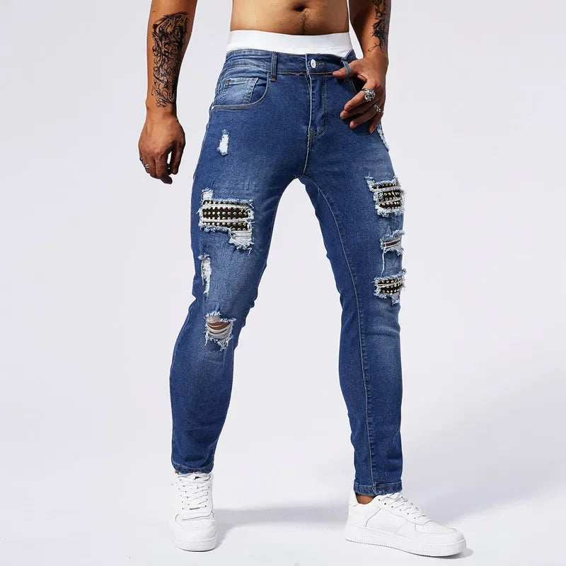 Jeans Ripped Patchwork Men's Blue Elastic Slim Straight Denim Pants Fashion Joggers Biker Trousers Hip Hop Rock Streetwear