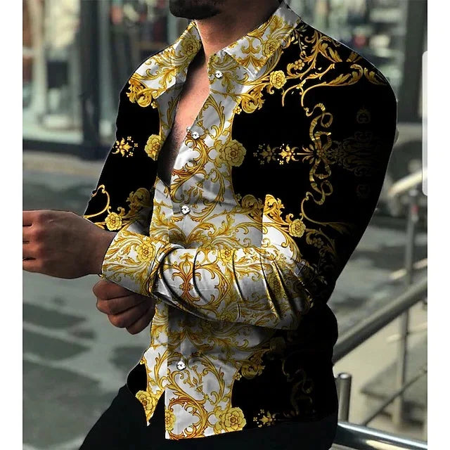 New Hawaiian Shirts Luxury Gold Pattern Shirts Men's Fashion Casual Shirts Long Sleeves Lapel Beach Shirts Men's Clothing