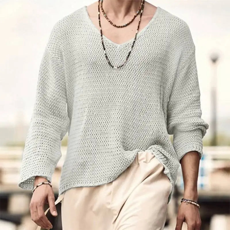 INCERUN Men T Shirt Solid Color Knitted V Neck Long Sleeve Casual Men Clothing Streetwear 2023 Hollow Out Loose Camisetas S-5XL