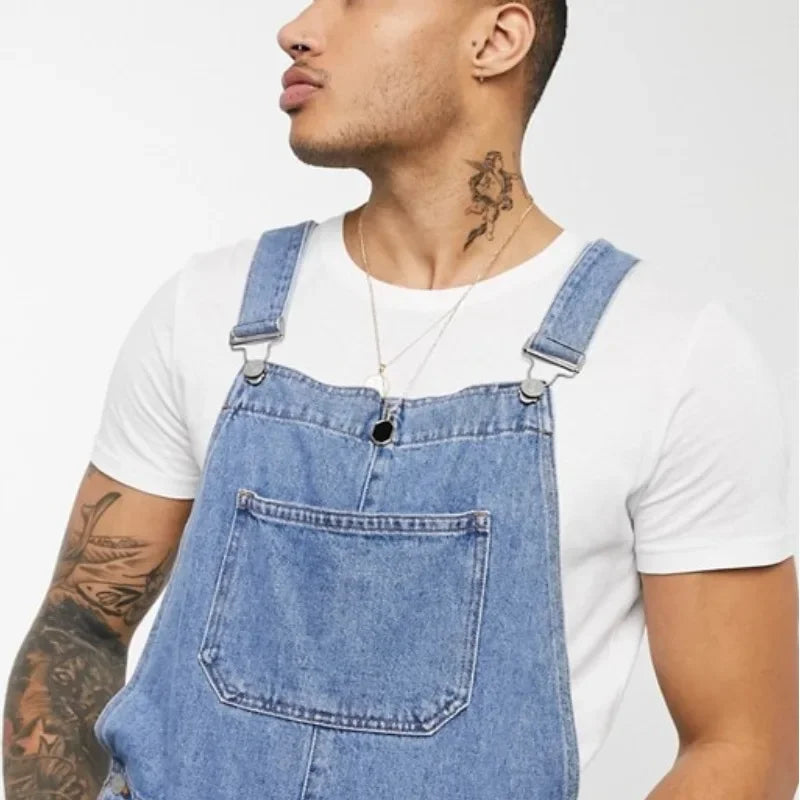 Men Summer Short Jeans Overalls Washed Denim Pencil One Piece Pockets Spliced Ripped Vintage Suspenders Casual Jumpsuits 2025