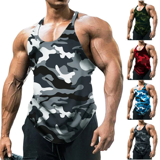 Men's Back Gym Stringer Tank Top Camouflage Top Breathable Bodybuilding Gym Vest Sleeveless Men T-shirt Crew Neck Fitness Tee