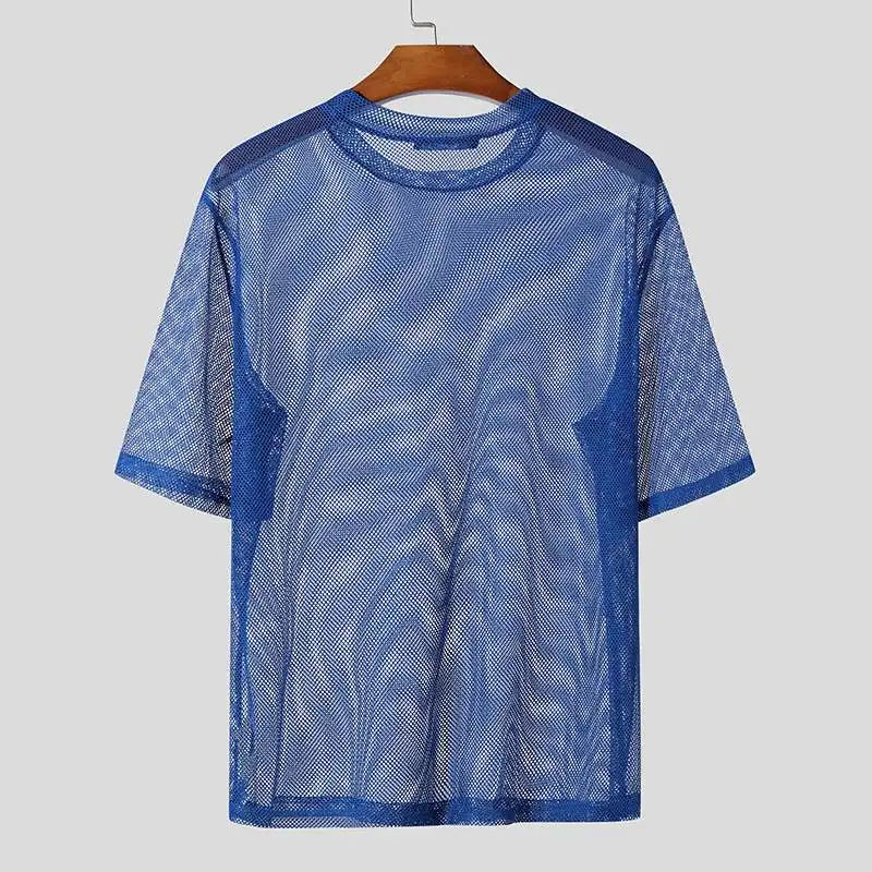 INCERUN Men T Shirt Mesh Transparent Printing O-neck Short Sleeve Sexy Men Clothing Streetwear Summer 2024 Fashion Male Tee Tops