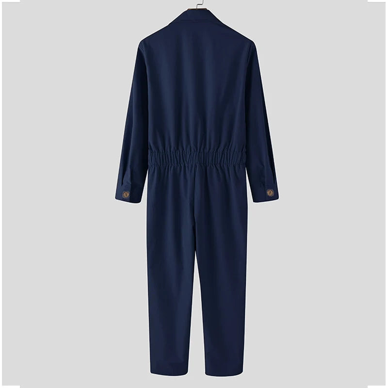 Men Solid Color Jumpsuit Playsuit  Buttons Casual Cargo Clothes Overalls Turn Down Collar Long Sleeve Oversized Waist Pants
