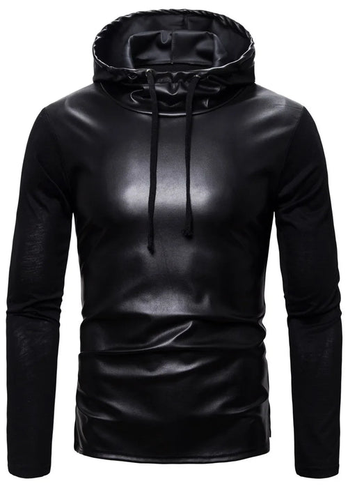 Men's Hoodies 2023 Autumn Winter Men's PU Sweatshirts Coat Male Slim Fit Faux Leather Hooded Long Sleeve Jacket Black Tops S-2XL