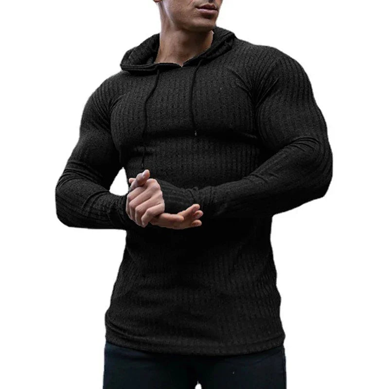 New Fashion Spring Autumn Hooded Sweaters Men Thin Knitted Gym Clothing Slim Fit Pullover Man Classic Ribbed Knit Hoodie Jumper