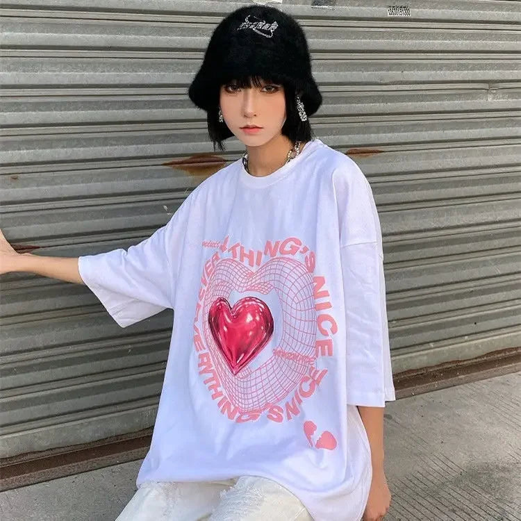 Oversized T Shirt Love Graphic T-shirts Women's New Cute Tees Couple Tshirt Streetwear Y2k Tops Harajuku Sweet Clothing