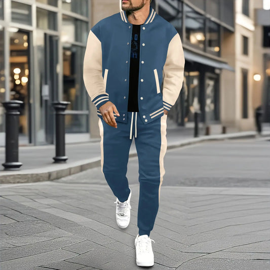 Vintage baseball-style streetwear in autumn and winter, men's color-matched patchwork jacket and tapered pants as a trendy combi