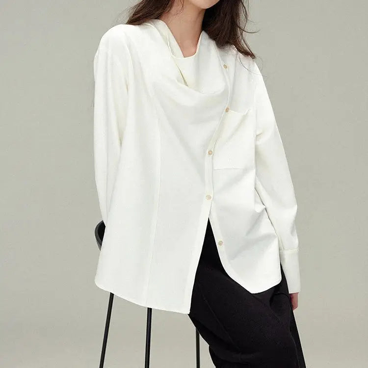 Premium gray drape shirt retro loose collar design long sleeve shirt bottoming shirt women's spring large size tide