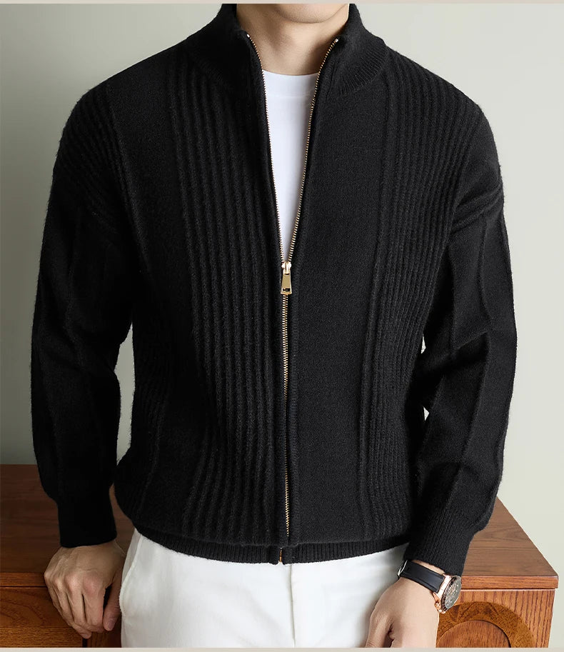 Luxury New Men's knitted sweater coat fashion jacquard zipper half high collar thicken warm soft comfort solid color cardigan