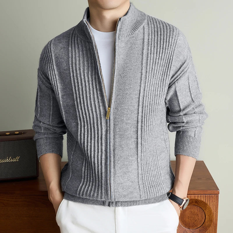 Luxury New Men's knitted sweater coat fashion jacquard zipper half high collar thicken warm soft comfort solid color cardigan