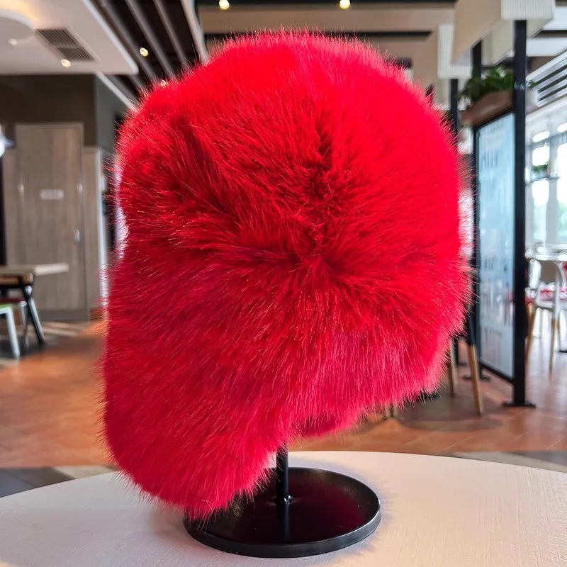 Thicken Winter Faux Fur Mink Plush Lei Feng Hat for Women Outdoor Skiing Cycling Cap Warm Ear Protection Cold Proof Russian Hat