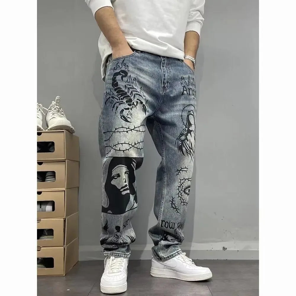 Autumn and Spring New Fashion Trend Printed Straight Leg Sports Denim Pants Men's Loose Comfortable Plus Size High Quality Pants