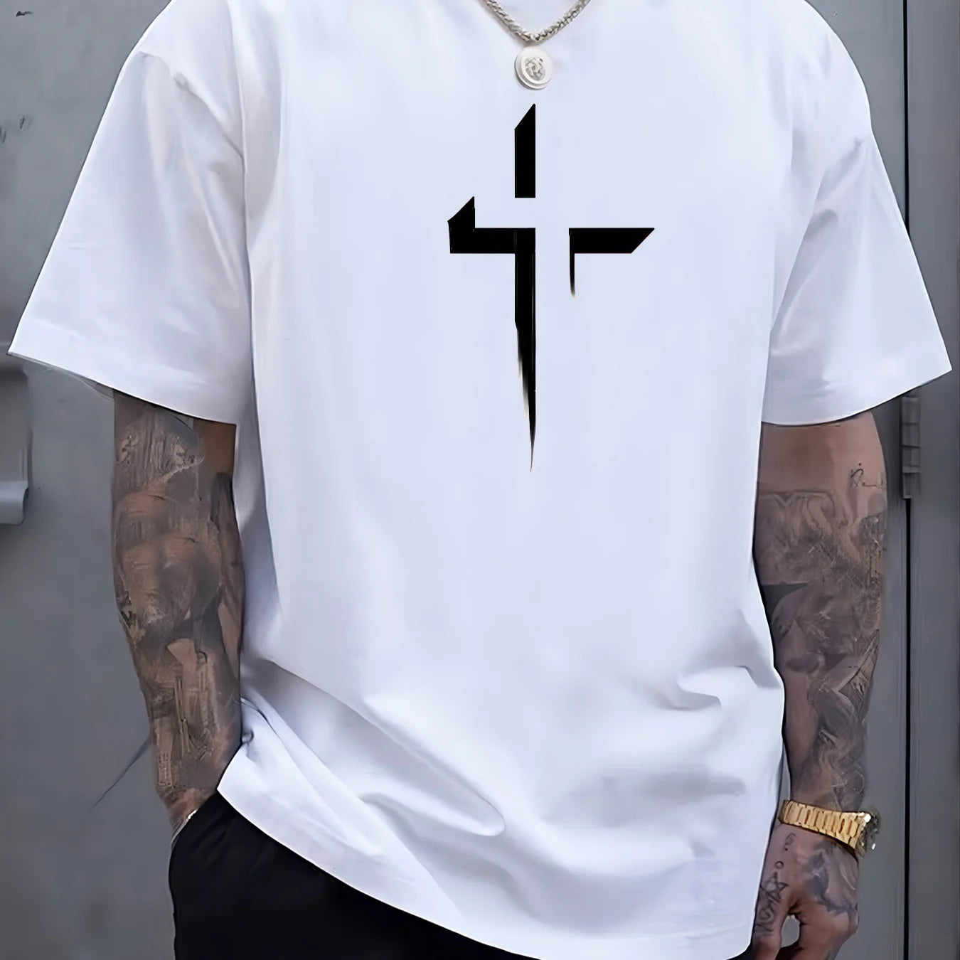 Summer men's 100% pure cotton casual loose plus size Cross Creative printed sports comfortable round neck short sleeved T-shirt