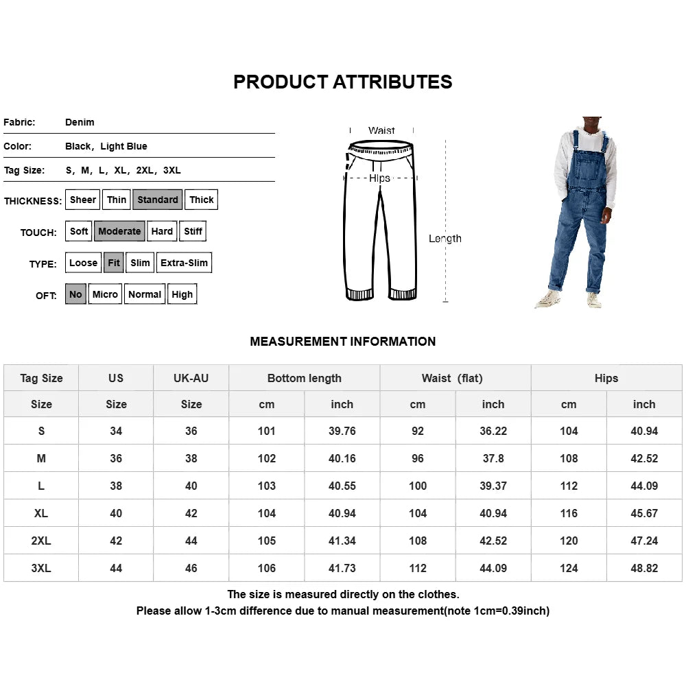 Streetwear Men's Solid Color Multi-pocket Denim Bib Overalls Casual Daily Denim Jumpsuit Fashion Male Suspender Long Pants