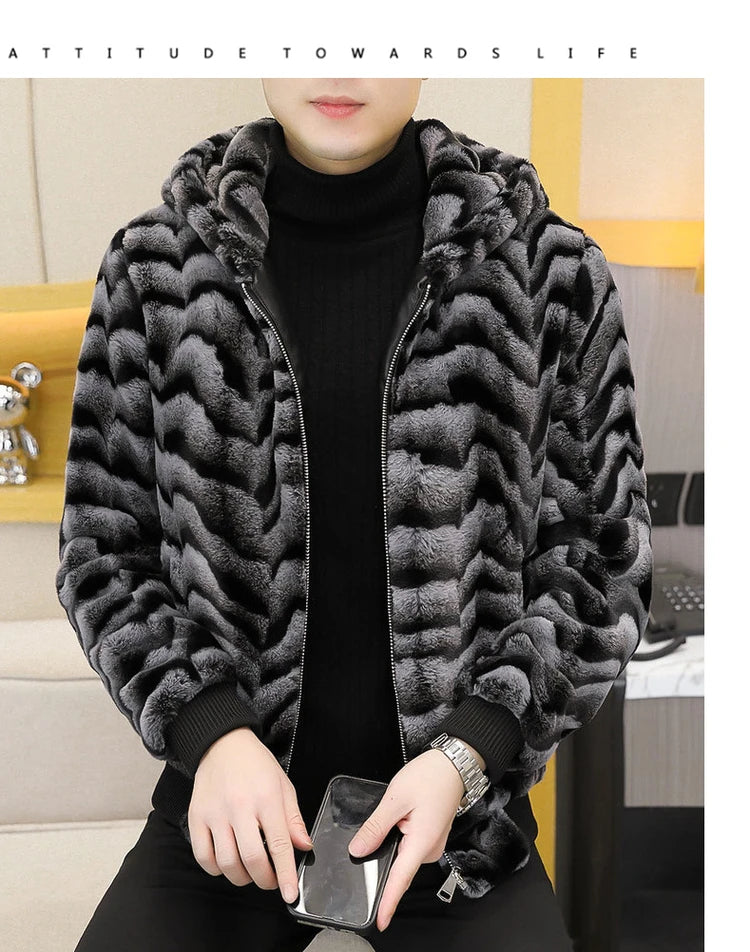 2022 Winter Faux Fur Mink Jackets Men Thicken Warm Imitation Fur Hooded Coat Slim Casual Business Social Jackets Men Clothing