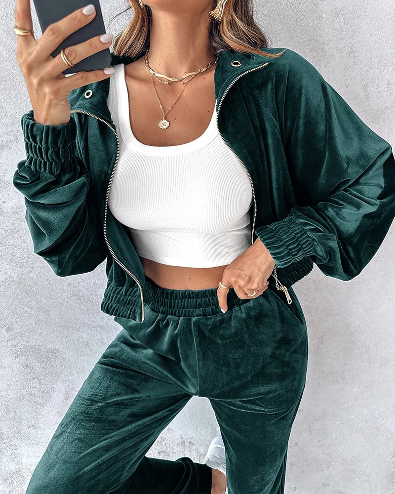 Women Urban Leisure Suits 2024 Spring Summer Latest Elegant Flip Collar Zipper Decoration Velvet Hoodie Casual Sports Pants Set