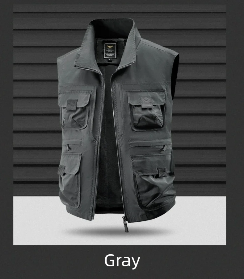 2026 Men's Outdoor Tooling Multi-Pocket Casual Outdoor Fishing Large Size Vest with Vertical Collar Breathable Quick-drying Vest