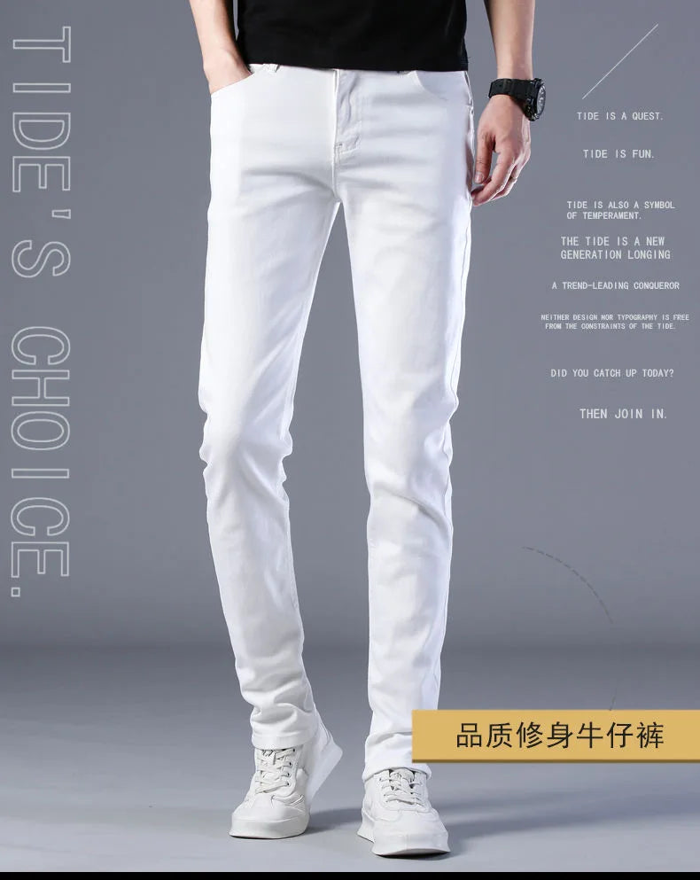 2024 Spring and Autumn New Fashion Trend White Elastic Denim Pants Men's Casual Slim Comfortable Breathable Small Legs 28-38