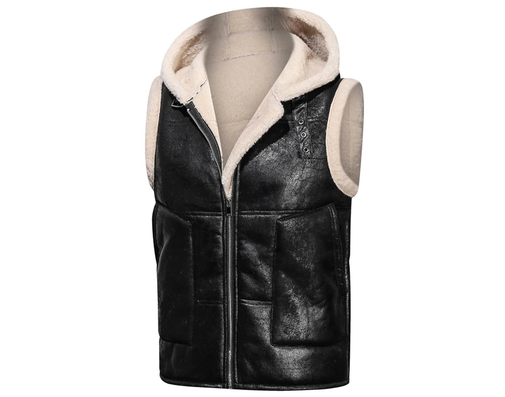 Winter Men's Fleece Warm PU Leather Vests Classical Men Faux Fur Motorcycle Leather Vests Men Windbreaker Hooded Vests Clothing