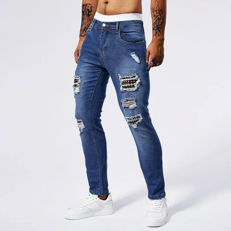 Jeans Ripped Patchwork Men's Blue Elastic Slim Straight Denim Pants Fashion Joggers Biker Trousers Hip Hop Rock Streetwear