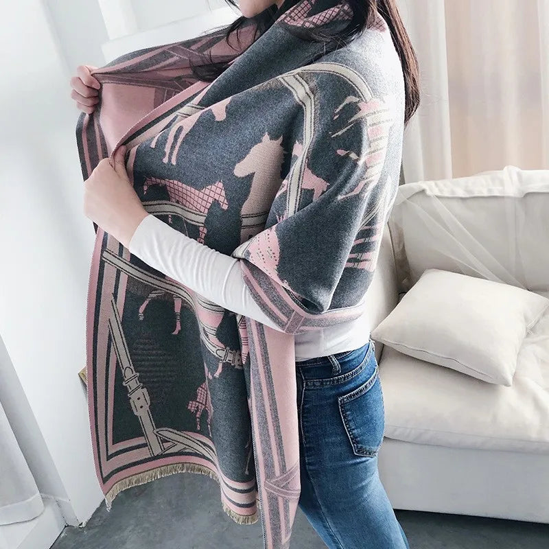 Winter Cashmere Scarf Women Luxury Horse Print Female Shawl Wrap Scarves Lady Thick Warm Blanket Gift Echarpe Pashmina