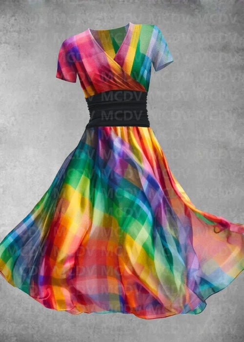 Women's Rainbow Collage Art Maxi Dress 3D Printed Sexy V-neck Dress Female Dresses