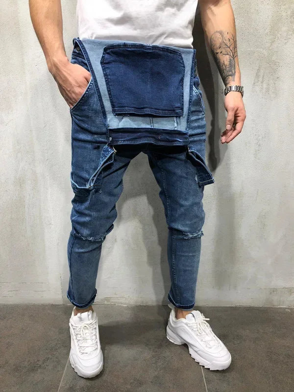 Men Jeans Jumpsuits Denim Overalls Distressed Pockets One Piece Pencil Pants Solid Washed Ankle Length Safari Style Spliced 2025