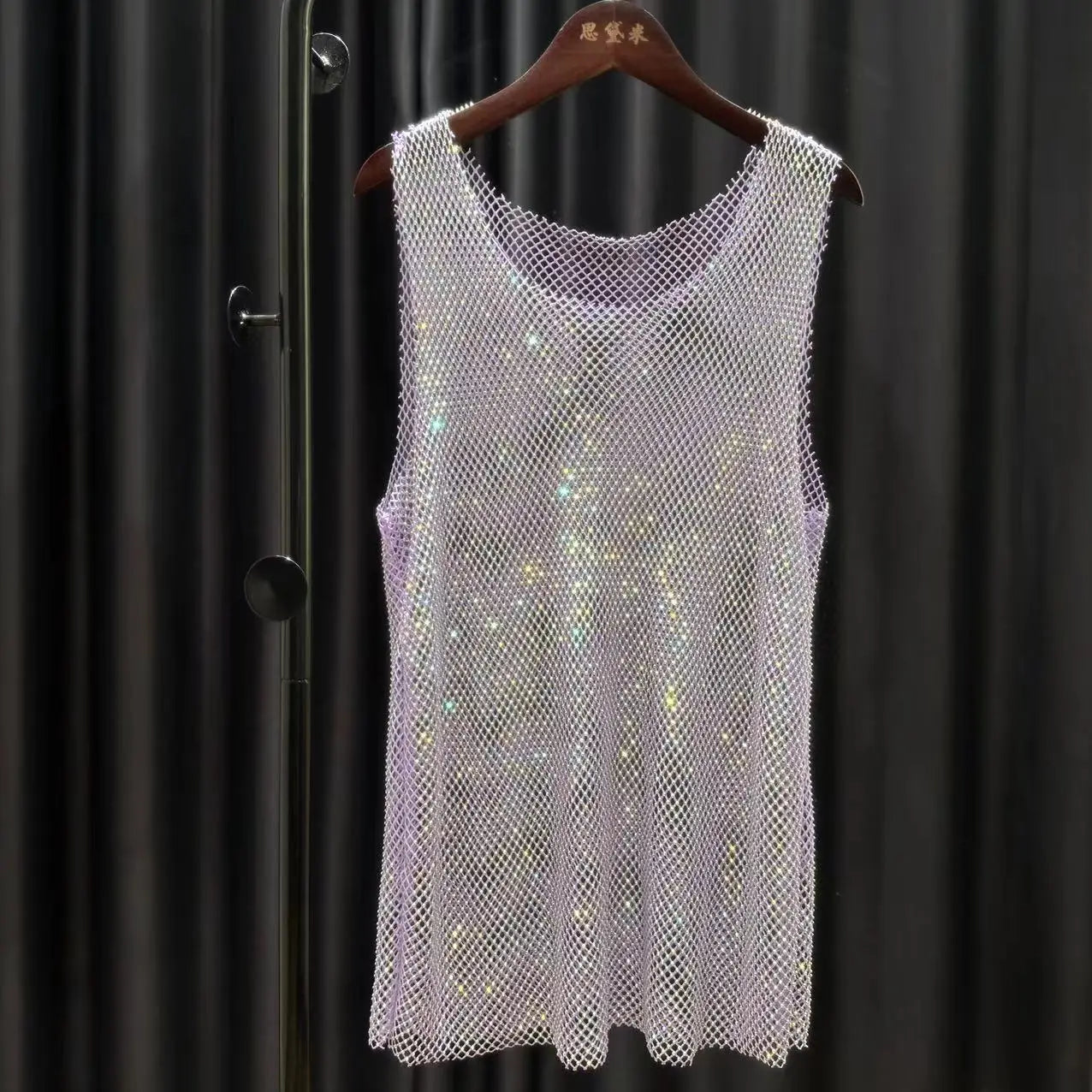 Men's Sheer Bling Tank Tops Mesh Fishnet Sleeveless Vest Top Hollow Out Flash Diamond Tank Shirt Sexy Tops to Show Muscle