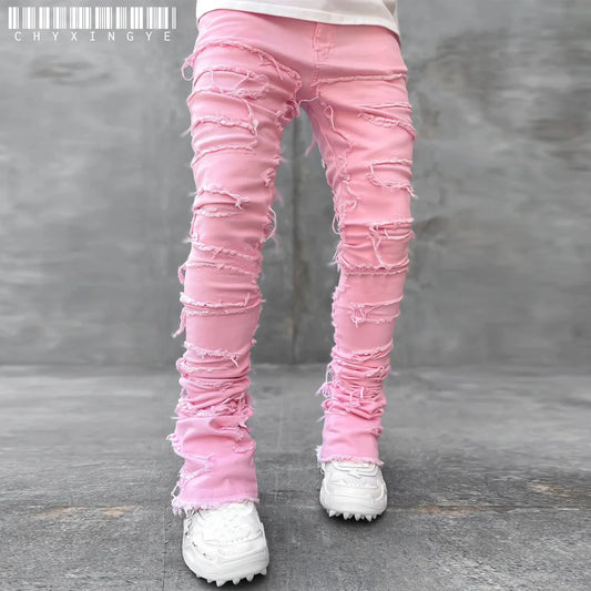 new Patch denim straight-leg pants retro jeans street fashion ins explosive style elastic new men's fashion retro denim trousers